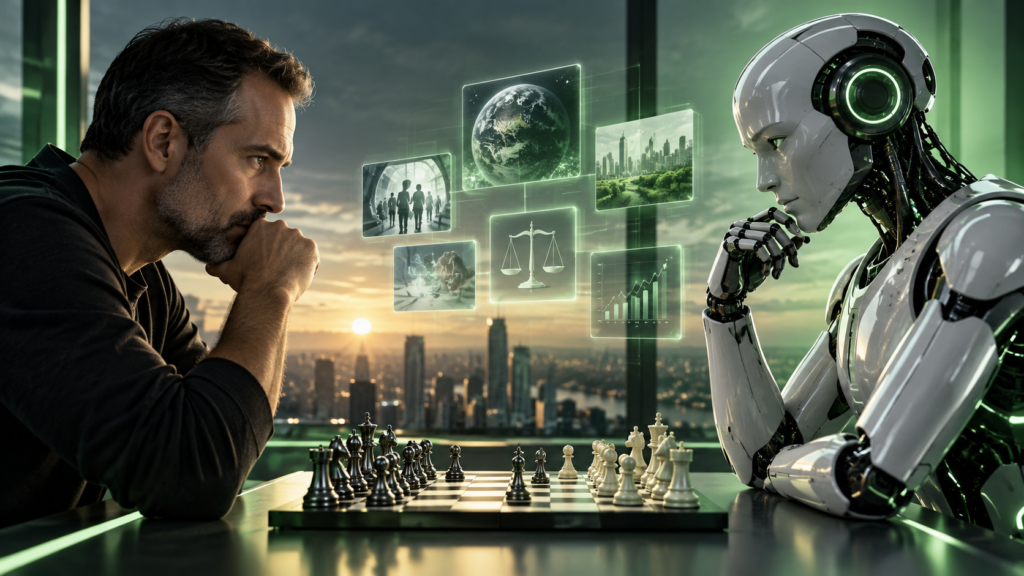Human and artificial intelligence facing each other over a chessboard, representing AI decision making and human judgment.
